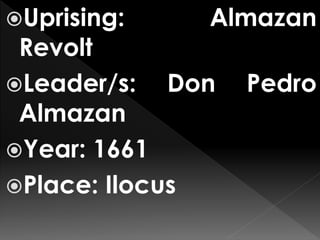 Uprising: Almazan
Revolt
Leader/s: Don Pedro
Almazan
Year: 1661
Place: Ilocus
 