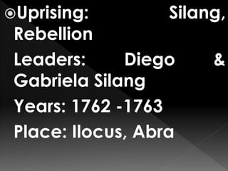 Uprising: Silang,
Rebellion
Leaders: Diego &
Gabriela Silang
Years: 1762 -1763
Place: Ilocus, Abra
 