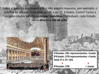 Sobre a questão dos pagam e dos não pagam impostos, por exemplo, o
 sistema de votação favoreceu ao 1º. e ao 2º. Estados. Como? Como a
 votação era por Estado e não por indivíduo (individual), cada Estado
                      tinha direito a um só voto.




                                     1ºEstado: 291 representantes =1voto
                                     2ºEstado: 270 representantes =1voto
                                     Total 1º e 2º: 561
                                            x                     x
                                     3ºEstado: 578              = 1voto
 