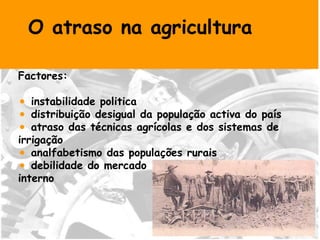O atraso na agricultura  Factores: instabilidade politica  distribuição desigual da população activa do país atraso das técnicas agrícolas e dos sistemas de irrigação analfabetismo das populações rurais debilidade do mercado  interno 