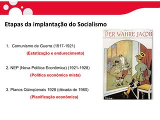 Etapas da implantação do Socialismo
1. Comunismo de Guerra (1917-1921)
(Estatização e endurecimento)
2. NEP (Nova Política Econômica) (1921-1928)
(Política econômica mista)
3. Planos Qüinqüenais 1928 (década de 1980)
(Planificação econômica)
 