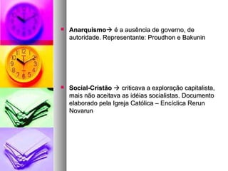  AnarquismoAnarquismo é a ausência de governo, deé a ausência de governo, de
autoridade. Representante: Proudhon e Bakuninautoridade. Representante: Proudhon e Bakunin
 Social-CristãoSocial-Cristão  criticava a exploração capitalista,criticava a exploração capitalista,
mais não aceitava as idéias socialistas. Documentomais não aceitava as idéias socialistas. Documento
elaborado pela Igreja Católica – Encíclica Rerunelaborado pela Igreja Católica – Encíclica Rerun
NovarunNovarun
 