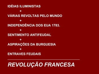 IDÉIAS ILUMINISTAS
+
VÁRIAS REVOLTAS PELO MUNDO
+
INDEPENDÊNCIA DOS EUA 1783.
+
SENTIMENTO ANTIFEUDAL
+
ASPIRAÇÕES DA BURGUESIA
+
ENTRAVES FEUDAIS
_______________________________________________
REVOLUÇÃO FRANCESA
 