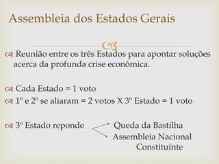  Reunião entre os três Estados para apontar soluções
acerca da profunda crise econômica.
 Cada Estado = 1 voto
 1º e 2º se aliaram = 2 votos X 3º Estado = 1 voto
 3º Estado reponde Queda da Bastilha
Assembleia Nacional
Constituinte
Assembleia dos Estados Gerais
 