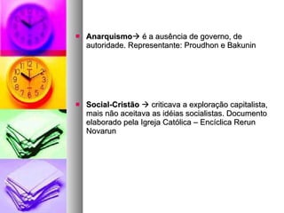 Anarquismo   é a ausência de governo, de autoridade. Representante: Proudhon e Bakunin Social-Cristão     criticava a exploração capitalista, mais não aceitava as idéias socialistas. Documento elaborado pela Igreja Católica – Encíclica Rerun Novarun 