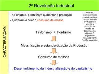 - no entanto, permitiram aumentar a produção - ajudaram a criar o  consumo de massa  Taylorismo  +  Fordismo Massificação e estandardização da Produção Consumo de massas Desenvolvimento da industrialização e do capitalismo O termo estandardização pretende designar um processo de produção que permite a produção em massa de determinados objetos. O engenheiro mecânico Henry Ford foi o primeiro. 2ª Revolução Industrial CARACTERIZAÇÃO: 