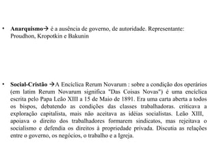 • Anarquismo é a ausência de governo, de autoridade. Representante:
Proudhon, Kropotkin e Bakunin
• Social-Cristão A Encíclica Rerum Novarum : sobre a condição dos operários
(em latim Rerum Novarum significa "Das Coisas Novas") é uma encíclica
escrita pelo Papa Leão XIII a 15 de Maio de 1891. Era uma carta aberta a todos
os bispos, debatendo as condições das classes trabalhadoras. criticava a
exploração capitalista, mais não aceitava as idéias socialistas. Leão XIII,
apoiava o direito dos trabalhadores formarem sindicatos, mas rejeitava o
socialismo e defendia os direitos à propriedade privada. Discutia as relações
entre o governo, os negócios, o trabalho e a Igreja.
 