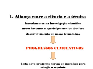 1. Aliança entre a ciência e a técnica
novos inventos e aperfeiçoamentos técnicos
investimentos na investigação científica
desenvolvimento de novas tecnologias
PROGRESSOS CUMULATIVOS
Cada novo progresso servia de incentivo para
atingir o seguinte
 