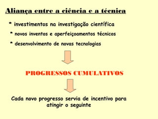 Aliança entre a ciência e a técnica 
* investimentos na investigação científica 
* novos inventos e aperfeiçoamentos técnicos 
* desenvolvimento de novas tecnologias 
PROGRESSOS CUMULATIVOS 
Cada novo progresso servia de incentivo para 
atingir o seguinte 
 