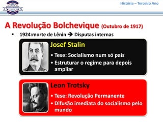 História – Terceiro Ano




A Revolução Bolchevique (Outubro de 1917)
    1924:morte de Lênin  Disputas internas
                 Josef Stalin
                 • Tese: Socialismo num só país
                 • Estruturar o regime para depois
                   ampliar

                 Leon Trotsky
                 • Tese: Revolução Permanente
                 • Difusão imediata do socialismo pelo
                   mundo
 