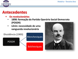 História – Terceiro Ano




Antecedentes
     Os revolucionários
     • 1898: formação do Partido Operário Social Democrata
       (POSDR)
     • Lênin: necessidade de uma
       vanguarda revolucionária

Dissidência (1903)
                     Mencheviques
     POSDR
                      Bolcheviques
 