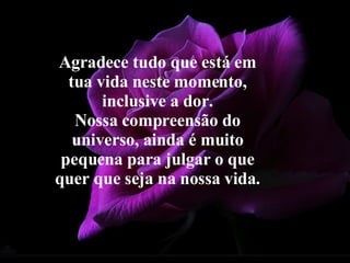 Agradece tudo que está em tua vida neste momento, inclusive a dor. Nossa compreensão do universo, ainda é muito pequena para julgar o que quer que seja na nossa vida. 