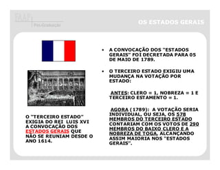 Pós-Graduação
                                       OS ESTADOS GERAIS



                         •   A CONVOCAÇÃO DOS “ESTADOS
                             GERAIS” FOI DECRETADA PARA 05
                             DE MAIO DE 1789.

                         •   O TERCEIRO ESTADO EXIGIU UMA
                             MUDANÇA NA VOTAÇÃO POR
                             ESTADO:

                             ANTES: CLERO = 1, NOBREZA = 1 E
                             TERCEIRO ESTAMENTO = 1.

                              AGORA (1789): A VOTAÇÃO SERIA
                             INDIVIDUAL, OU SEJA, OS 578
O “TERCEIRO ESTADO”          MEMBROS DO TERCEIRO ESTADO
EXIGIA DO REI LUIS XVI       CONTARIAM COM OS VOTOS DE 290
A CONVOCAÇÃO DOS             MEMBROS DO BAIXO CLERO E A
ESTADOS GERAIS QUE           NOBREZA DE TOGA, ALCANÇANDO
NÃO SE REUNIAM DESDE O       ASSIM MAIORIA NOS “ESTADOS
ANO 1614.                    GERAIS”.
 