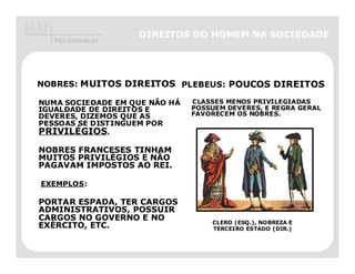 DIREITOS DO HOMEM NA SOCIEDADE
   Pós-Graduação




NOBRES: MUITOS DIREITOS PLEBEUS: POUCOS DIREITOS

NUMA SOCIEDADE EM QUE NÃO HÁ   CLASSES MENOS PRIVILEGIADAS
IGUALDADE DE DIREITOS E        POSSUEM DEVERES, E REGRA GERAL
DEVERES, DIZEMOS QUE AS        FAVORECEM OS NOBRES.
PESSOAS SE DISTINGUEM POR
PRIVILÉ
PRIVILÉGIOS.

NOBRES FRANCESES TINHAM
MUITOS PRIVILÉGIOS E NÃO
       PRIVILÉ
PAGAVAM IMPOSTOS AO REI.

EXEMPLOS:
EXEMPLOS :

PORTAR ESPADA, TER CARGOS
ADMINISTRATIVOS, POSSUIR
CARGOS NO GOVERNO E NO             CLERO (ESQ.), NOBREZA E
EXÉ
EXÉRCITO, ETC.                     TERCEIRO ESTADO (DIR.)
 