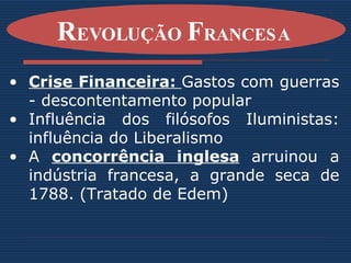 Crise Financeira:  Gastos com guerras - descontentamento popular Influência dos filósofos Iluministas: influência do Liberalismo A  concorrência inglesa   arruinou a indústria francesa, a grande seca de 1788. (Tratado de Edem) R EVOLUÇÃO  F RANCESA   