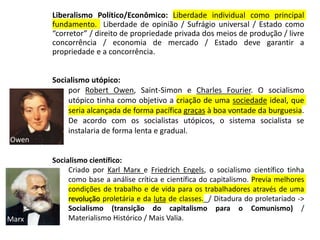 Liberalismo Político/Econômico: Liberdade individual como principal
fundamento. Liberdade de opinião / Sufrágio universal / Estado como
“corretor” / direito de propriedade privada dos meios de produção / livre
concorrência / economia de mercado / Estado deve garantir a
propriedade e a concorrência.
Socialismo utópico:
por Robert Owen, Saint-Simon e Charles Fourier. O socialismo
utópico tinha como objetivo a criação de uma sociedade ideal, que
seria alcançada de forma pacífica graças à boa vontade da burguesia.
De acordo com os socialistas utópicos, o sistema socialista se
instalaria de forma lenta e gradual.
Socialismo científico:
Criado por Karl Marx e Friedrich Engels, o socialismo científico tinha
como base a análise crítica e científica do capitalismo. Previa melhores
condições de trabalho e de vida para os trabalhadores através de uma
revolução proletária e da luta de classes. / Ditadura do proletariado ->
Socialismo (transição do capitalismo para o Comunismo) /
Materialismo Histórico / Mais Valia.
Marx
Owen
 