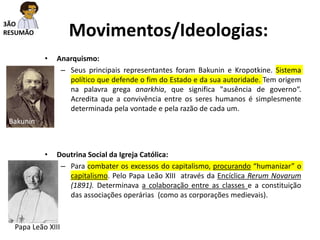 • Anarquismo:
– Seus principais representantes foram Bakunin e Kropotkine. Sistema
político que defende o fim do Estado e da sua autoridade. Tem origem
na palavra grega anarkhia, que significa "ausência de governo“.
Acredita que a convivência entre os seres humanos é simplesmente
determinada pela vontade e pela razão de cada um.
• Doutrina Social da Igreja Católica:
– Para combater os excessos do capitalismo, procurando “humanizar” o
capitalismo. Pelo Papa Leão XIII através da Encíclica Rerum Novarum
(1891). Determinava a colaboração entre as classes e a constituição
das associações operárias (como as corporações medievais).
Movimentos/Ideologias:
3ÃO
RESUMÃO
Bakunin
Papa Leão XIII
 