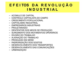 E F E I TOS D A R E V O L U Ç Ã O
I N D U S T R I A L
– ACÚMULO DE CAPITAL
– CONTROLE CAPITALISTA DO CAMPO
– CRESCIMENTO POPULACIONAL
– CAPITALISMO INDUSTRIAL
– EMPRESÁRIOS INDUSTRIAIS
– PROLETARIADO
– DENTENTOR DOS MEIOS DE PRODUÇÃO
– SURGIMENTO DOS MOVIMENTOS OPERÁRIOS
– DIVISÃO DO TRABALHO
– ALIENAÇÃO DO TRABALHO
– PRODUÇÃO EM SÉRIE
– PADRONIZAÇÃO DOS GOSTOS
– DESENVOLVIMENTO DOS TRANSPORTES
– DESENVOLVIMENTO DAS COMUNICAÇÕES
– URBANIZAÇÃO
 
