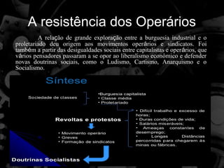 A resistência dos Operários
         A relação de grande exploração entre a burguesia industrial e o
proletariado deu origem aos movimentos operários e sindicatos. Foi
também a partir das desigualdades sociais entre capitalistas e operários, que
vários pensadores passaram a se opor ao liberalismo econômico e defender
novas doutrinas sociais, como o Ludismo, Cartismo, Anarquismo e o
Socialismo.
 