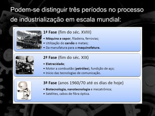 Podem-se distinguir três períodos no processo
de industrialização em escala mundial:
 