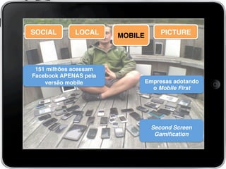 151 milhões acessam
Facebook APENAS pela
versão mobile! Empresas adotando
o Mobile First!
Second Screen!
Gamiﬁcation!
SOCIAL! LOCAL! MOBILE!MOBILE! PICTURE!
 