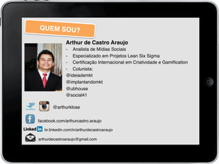 @arthurklose!
facebook.com/arthurcastro.araujo!
br.linkedin.com/in/arthurdecastroaraujo!
arthurdecastroaraujo@gmail.com!
	
  
Arthur de Castro Araujo!
-  Analista de Mídias Sociais!
-  Especializado em Projetos Lean Six Sigma!
-  Certiﬁcação Internacional em Criatividade e GamIﬁcation!
-  Colunista:!
@ideiademkt!
@implantandomkt!
@ubhouse!
@social41!
QUEM SOU?!
 