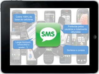 Cobre 100% da
base de celulares!
Preferida pelos
usuários e totalmente
difundida!
Large Account!
(“envie 8452 e
receba…”)!
Sorteios e avisos!
 