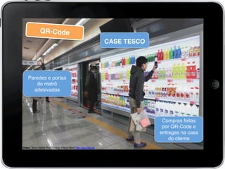QR-Code!
Vídeo: Tesco Home Plus Subway Virtual Store: http://ow.ly/jEu2p!
	
  	
  	
  
!
CASE TESCO!
!
!
Paredes e portas
do metrô
adesivadas!
!
!
Compras feitas
por QR-Code e
entregas na casa
do cliente!
!
 