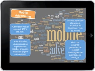 Mobile
Advertising!
!
Publicidade móvel
crescerá 400%
até 2017!
!
!
Grande parte dos
cliques em
anúncios do
Facebook vem
do mobile!
!
!
+ de 50% dos
usuários não se
importam em
receber anúncios
enquanto jogam
ou navegam!
!
!
40% dos
usuários
gostariam de
receber
informações de
promoções e
serviços!
!
 