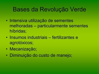 Bases da Revolução Verde
• Intensiva utilização de sementes
melhoradas – particularmente sementes
híbridas;
• Insumos industriais – fertilizantes e
agrotóxicos;
• Mecanização;
• Diminuição do custo de manejo;
 