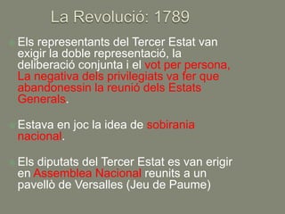  Elsrepresentants del Tercer Estat van
 exigir la doble representació, la
 deliberació conjunta i el vot per persona,
 La negativa dels privilegiats va fer que
 abandonessin la reunió dels Estats
 Generals.

 Estavaen joc la idea de sobirania
 nacional.

 Elsdiputats del Tercer Estat es van erigir
 en Assemblea Nacional reunits a un
 pavellò de Versalles (Jeu de Paume)
 