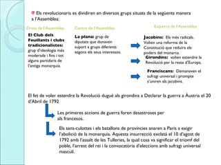 Els revolucionaris es dividiren en diversos grups situats de la següents manera a l’Assemblea:  J acobins:  Els més radicals.  Volien una reforma de la Constitució que reduïra els poders del monarca.  Girondins:  volien estendre la Revolució per la resta d’Europa.  Franciscans:  Demanaven el sufragi universal i prompte s’uniren als jacobins.  La plana:  grup de diputats que donaven suport a grups diferents segons els seus interessos.  El Club dels Feuillants i clubs tradicionalistes:  grup d’ideologia més moderada i fins i tot alguns partidaris de l’antiga monarquia.  Esquerra de l’Assemblea. Dreta de l’Assemblea. Centre de l’Assemblea El fet de voler estendre la Revolució dugué als girondins a Declarar la guerra a Àustria el 20 d’Abril de 1792 Les primeres accions de guerra foren desastroses per als francesos.  Els sans-culottes i els batallons de províncies anaren a París a exigir l’abolició de la monarquia. Aquesta insurrecció exclatà el 10 d’agost de 1792 amb l’assalt de les Tulleries, la qual cosa va significar el triomf del poble, l’arrest del rei i la convocatòria d’eleccions amb sufragi universal masculí. 