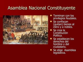 Asamblea Nacional Constituyente Terminan con los privilegios feudales. Se confiscan (quitan) bienes al clero y a nobles. Se crea la Constitución Política. Se establecen los derechos del hombre y del ciudadano. Se elige  Asamblea legislativa. 