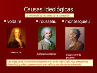 Causas ideológicas montesquieu La influencia de las ideas de la Ilustración rousseau voltaire Separación de poderes Soberanía popular tolerancia Las ideas de la Ilustración se desarrollaron en el siglo XVIII y los pensadores (filósofos) que las representaban eran críticos del absolutismo francés. 