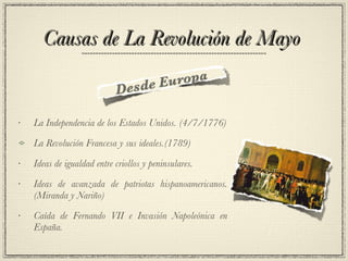 Causas de La Revolución de Mayo  La Independencia de los Estados Unidos. (4/7/1776) La Revolución Francesa y sus ideales.(1789) Ideas de igualdad entre criollos y peninsulares. Ideas de avanzada de patriotas hispanoamericanos. (Miranda y Nariño) Caída de Fernando VII e Invasión Napoleónica en España. 
