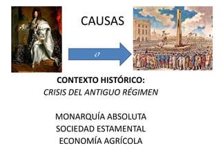 CAUSAS
¿?

CONTEXTO HISTÓRICO:
CRISIS DEL ANTIGUO RÉGIMEN
MONARQUÍA ABSOLUTA
SOCIEDAD ESTAMENTAL
ECONOMÍA AGRÍCOLA

 