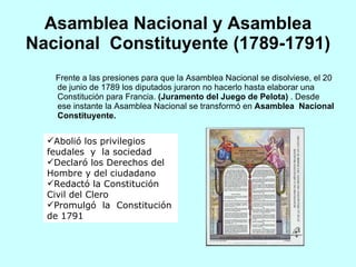 Asamblea Nacional y Asamblea Nacional  Constituyente (1789-1791) Frente a las presiones para que la Asamblea Nacional se disolviese, el 20 de junio de 1789 los diputados juraron no hacerlo hasta elaborar una Constitución para Francia.  (Juramento del Juego de Pelota)  . Desde ese instante la Asamblea Nacional se transformó en  Asamblea  Nacional Constituyente. Abolió los privilegios feudales    y  la sociedad  Declaró los Derechos del Hombre y del ciudadano Redactó la Constitución Civil del Clero Promulgó  la  Constitución de 1791  