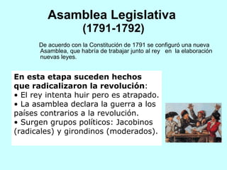 Asamblea Legislativa  (1791-1792) De acuerdo con la Constitución de 1791 se configuró una nueva Asamblea, que habría de trabajar junto al rey     en  la   elaboración nuevas leyes.  En esta etapa suceden hechos que radicalizaron la revolución : El rey intenta huir pero es atrapado. La asamblea declara la guerra a los países contrarios a la revolución. Surgen grupos políticos: Jacobinos (radicales) y girondinos (moderados). 