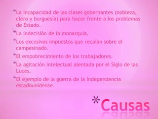 *
*La incapacidad de las clases gobernantes (nobleza,
clero y burguesía) para hacer frente a los problemas
de Estado.
*La indecisión de la monarquía.
*Los excesivos impuestos que recaían sobre el
campesinado.
*El empobrecimiento de los trabajadores.
*La agitación intelectual alentada por el Siglo de las
Luces.
*El ejemplo de la guerra de la Independencia
estadounidense.
 