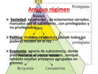 Antiguo régimen 
 Sociedad: estamental , de estamentos cerrados , 
marcados por el nacimiento , con privilegiados y 
no privilegiados. 
Política: monarquía absoluta ,donde todos los 
poderes residen en el rey . 
Economía: agraria de subsistencia, donde 
predominaba el sector terciario , aunque 
también existían artesanos agrupados en 
gremios . 
 