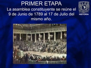 HISTORIA
PRIMER ETAPA
La asamblea constituyente se reúne el
9 de Junio de 1789 al 17 de Julio del
mismo año.
 