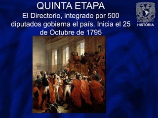 HISTORIA
QUINTA ETAPA
El Directorio, integrado por 500
diputados gobierna el país. Inicia el 25
de Octubre de 1795
 