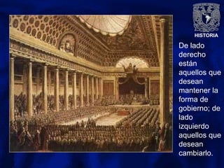 HISTORIA
De lado
derecho
están
aquellos que
desean
mantener la
forma de
gobierno; de
lado
izquierdo
aquellos que
desean
cambiarlo.
 