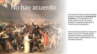 El acuerdo en Cortes resulta imposible.
Durante el episodio del Juramento de
la Pelota los 577 diputados del 3º
Estad, juntos en la jeu de paume,
deciden no separarse hasta dotar a
Francia de una Constitución.
El principal desacuerdo era el voto por
cabeza, así que el 3º Estado decide
nombrarse como representante de
toda la nación conformándose en una
Asamblea Nacional
No hay acuerdo
 