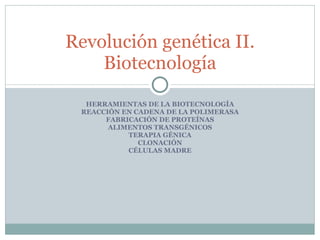 HERRAMIENTAS DE LA BIOTECNOLOGÍA REACCIÓN EN CADENA DE LA POLIMERASA FABRICACIÓN DE PROTEÍNAS ALIMENTOS TRANSGÉNICOS TERAPIA GÉNICA CLONACIÓN CÉLULAS MADRE Revolución genética II. Biotecnología 