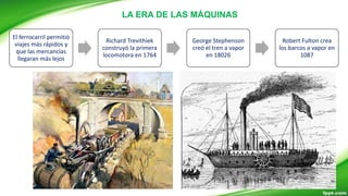 LA ERA DE LAS MÁQUINAS
El ferrocarril permitió
viajes más rápidos y
que las mercancías
llegaran más lejos
Richard Trevithiek
construyó la primera
locomotora en 1764
George Stephenson
creó el tren a vapor
en 18026
Robert Fulton crea
los barcos a vapor en
1087
 