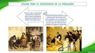CAUSAS PARA EL CRECIMIENTO DE LA POBLACIÓN
Descenso de la mortalidad
catastrófica e infantil al
haber mayor cantidad de
alimentos producto de la
mejoría de la agricultura.
Incremento del promedio de vida
y disminución de muertes por
enfermedades, por las mejoras de
la medicina y la invención de la
vacuna y por las mejoras en las
medidas de higiene y salubridad.
 