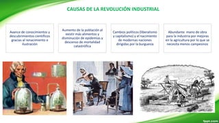 Avance de conocimientos y
descubrimientos científicos
gracias al renacimiento e
ilustración
Aumento de la población al
existir más alimentos y
disminución de epidemias y
descenso de mortalidad
catastrófica
Cambios políticos (liberalismo
y capitalismo) y el nacimiento
de modernas naciones
dirigidas por la burguesía
Abundante mano de obra
para la industria por mejoras
en la agricultura por lo que se
necesita menos campesinos
CAUSAS DE LA REVOLUCIÓN INDUSTRIAL
 