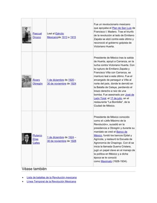Pascual
Orozco

Álvaro
Obregón

Plutarco
Elías
Calles

Leal al Ejército
Mexicanode 1913 a 1915

Fue un revolucionario mexicano
que apoyaba el Plan de San Luis de
Francisco I. Madero. Tras el triunfo
de la revolución al lado de Emiliano
Zapata se alzó contra este último y
reconoció el gobierno golpista de
Victoriano Huerta.

1 de diciembre de 1920 30 de noviembre de 1924

Presidente de México tras la salida
de Huerta, apoyó a Carranza, en la
lucha contra Victoriano Huerta. Con
la ruptura de Emiliano Zapata y
Francisco Villa con Carranza, se
mantuvo leal a este último. Fue el
encargado de perseguir a Villa al
norte del país, donde le derrotó en
la Batalla de Celaya, perdiendo el
brazo derecho a raíz de una
bomba. Fue asesinado por José de
León Toral, el 17 de julio, en el
restaurante "La Bombilla", de la
Ciudad de México.

1 de diciembre de 1924 –
30 de noviembre de 1928

Presidente de México conocido
como el «Jefe Máximo de la
Revolución», sucedió en la
presidencia a Obregón y durante su
mandato se creó el Banco de
México, fundó los bancos Ejidal y
Agrícola, y restauró la Escuela de
Agronomía de Chapingo. Con él se
inicia la llamada Guerra Cristera,
jugó un papel clave en el manejo de
la política en México y a dicha
época se le conoció
como Maximato (1928-1934).

Véase también
Lista de batallas de la Revolución mexicana
Línea Temporal de la Revolución Mexicana

 