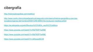 cibergrafía
http://historiaybiografias.com/neolitico/
http://www.icarito.cl/enciclopedia/articulo/segundo-ciclo-basico/historia-geografia-y-ciencias-
sociales/origenes-del-hombre/2009/12/89-6060-9-la-revolucion-neolitica.shtml
https://es.wikipedia.org/wiki/Revoluci%C3%B3n_neol%C3%ADtica
https://www.youtube.com/watch?v=RsFW2FYwANE
https://www.youtube.com/watch?v=RsFW2FYwANE
https://www.youtube.com/watch?v=o6hexadD2-M
 